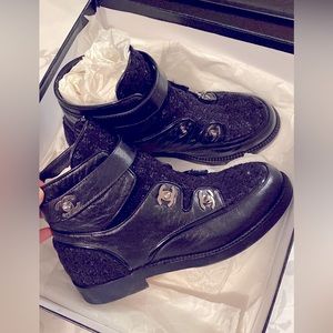 CHANEL calfskin leather and tweed booties